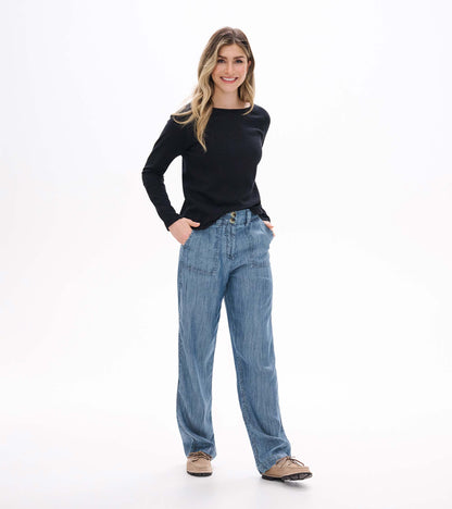 Women's black raglan sleeve tee with long sleeves and a boat neckline, shown from the front on a model