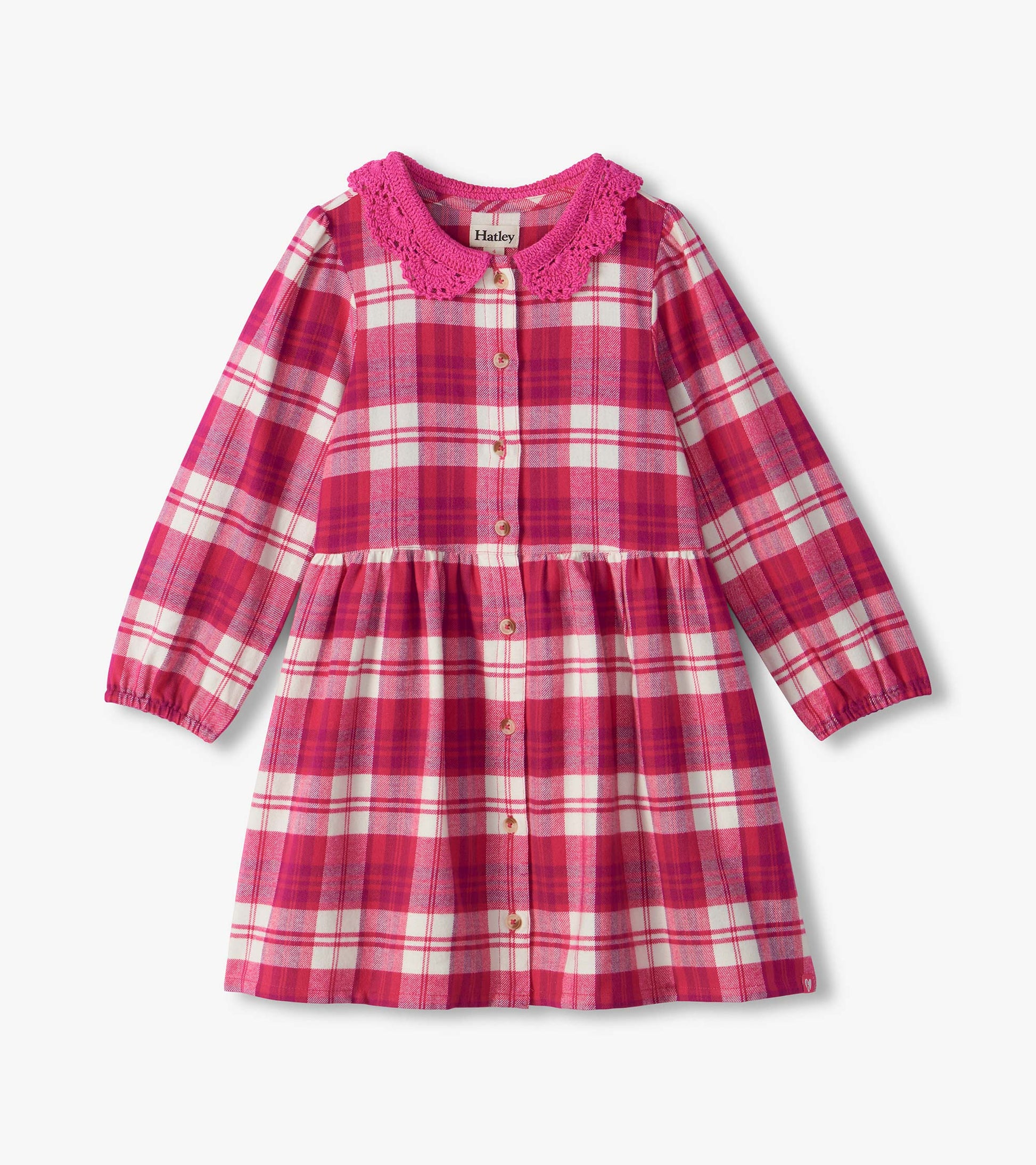 Kids pink and white plaid button-down dress with long sleeves, gathered waist, and scalloped knit collar