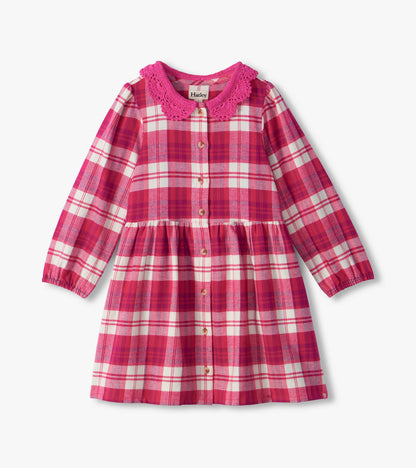 Girls Pink Brushed Plaid Button Down Dress