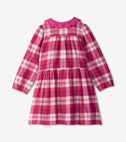 Girls Pink Brushed Plaid Button Down Dress