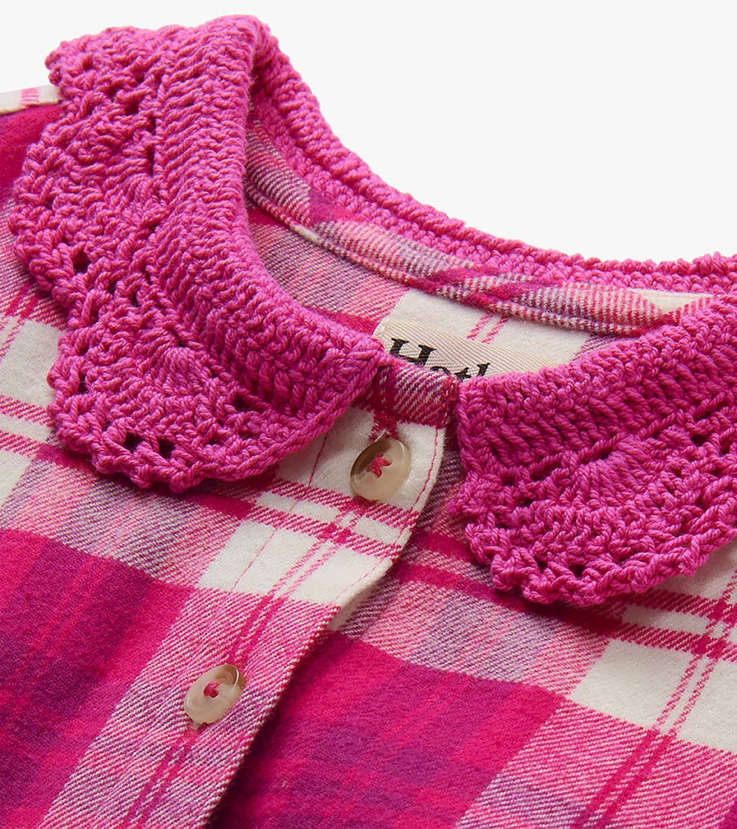 Girls Pink Brushed Plaid Button Down Dress