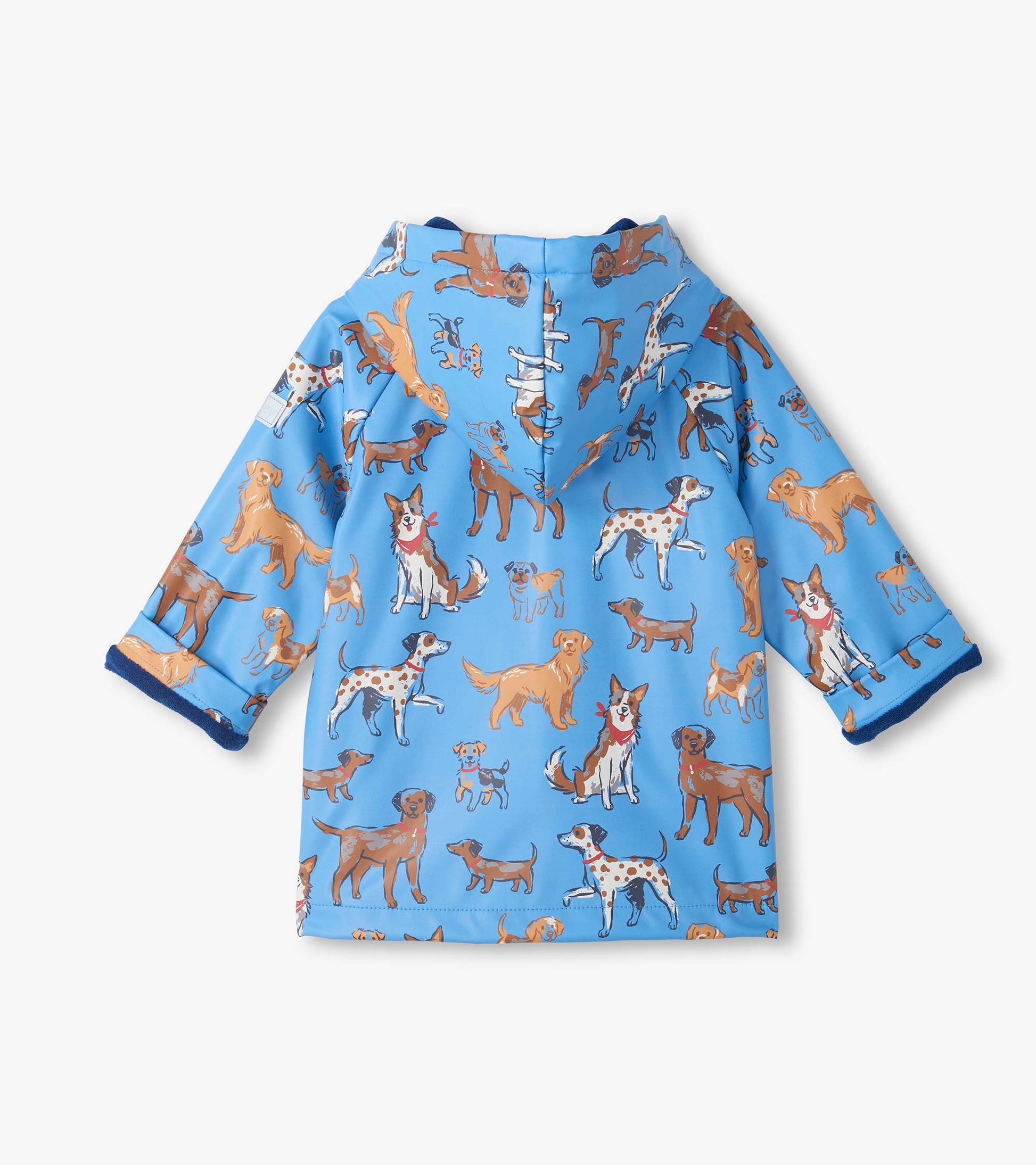 Back view of blue hooded rain coat with allover dog print and dark blue lining at the cuffs
