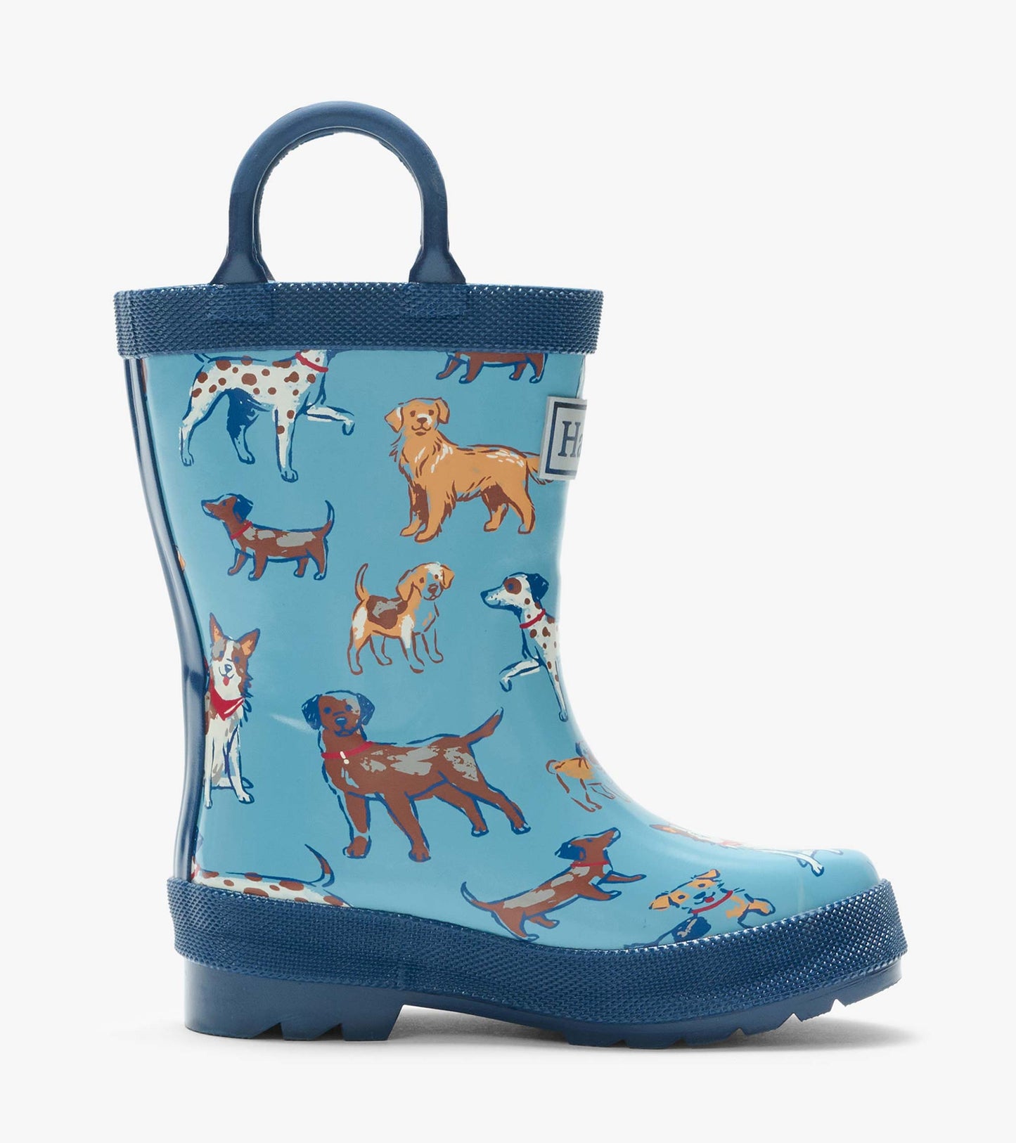 Single blue kids rain boot with navy handle and dog print, shown in side view