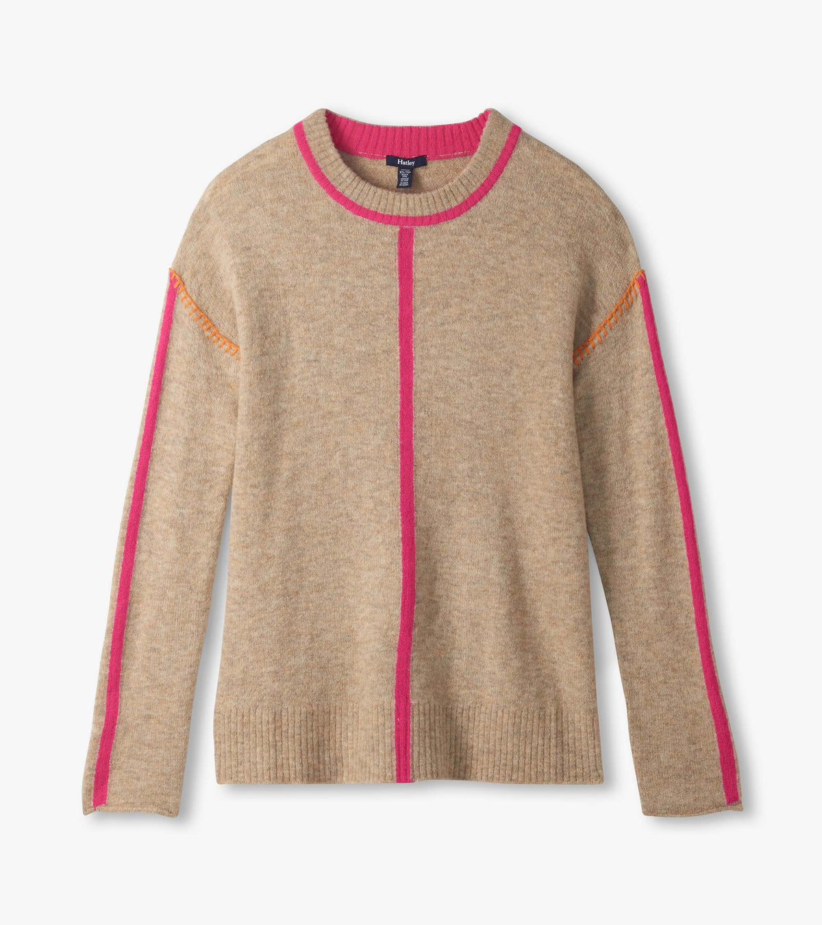 Oatmeal sweater laid flat with neon pink neckline, center stripe and sleeve stripes