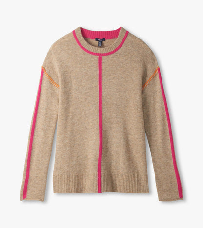 Oatmeal sweater laid flat with neon pink neckline, center stripe and sleeve stripes