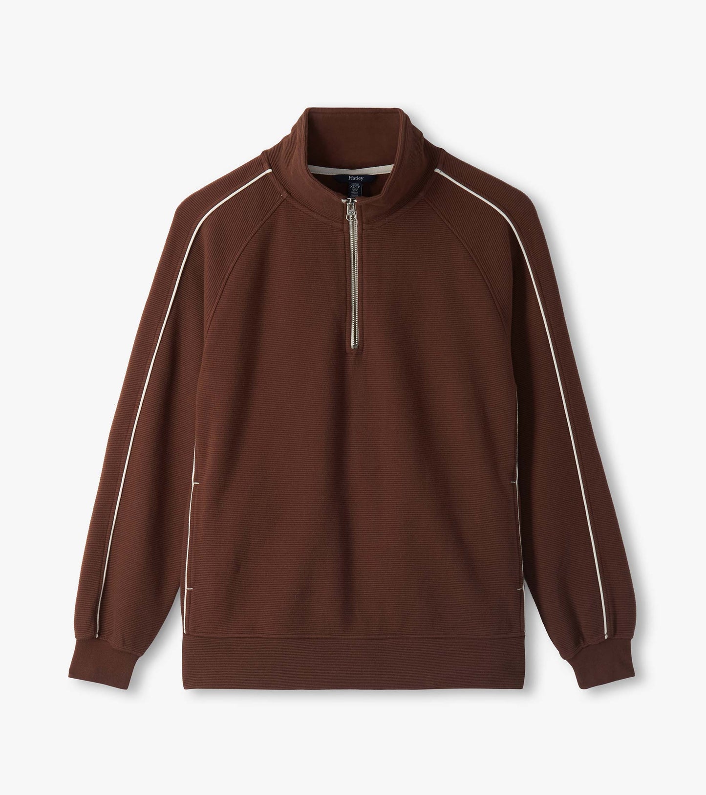 Flat lay of fondue fudge brown 1/4 zip top with stand collar, raglan sleeves, and white sleeve piping
