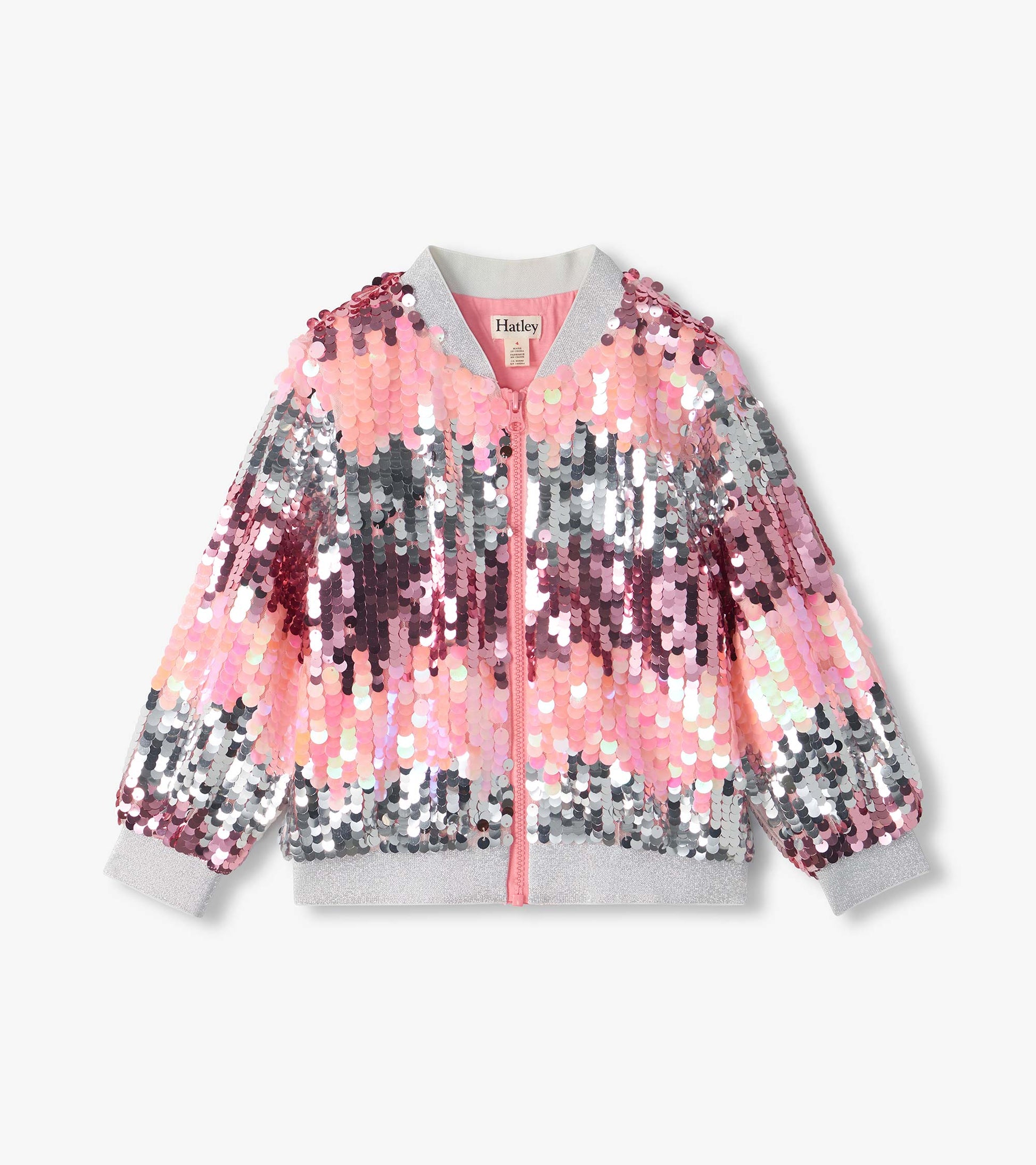 Front view of kids bomber jacket with pink to silver gradient sequins, pink zipper, and silver ribbed trim