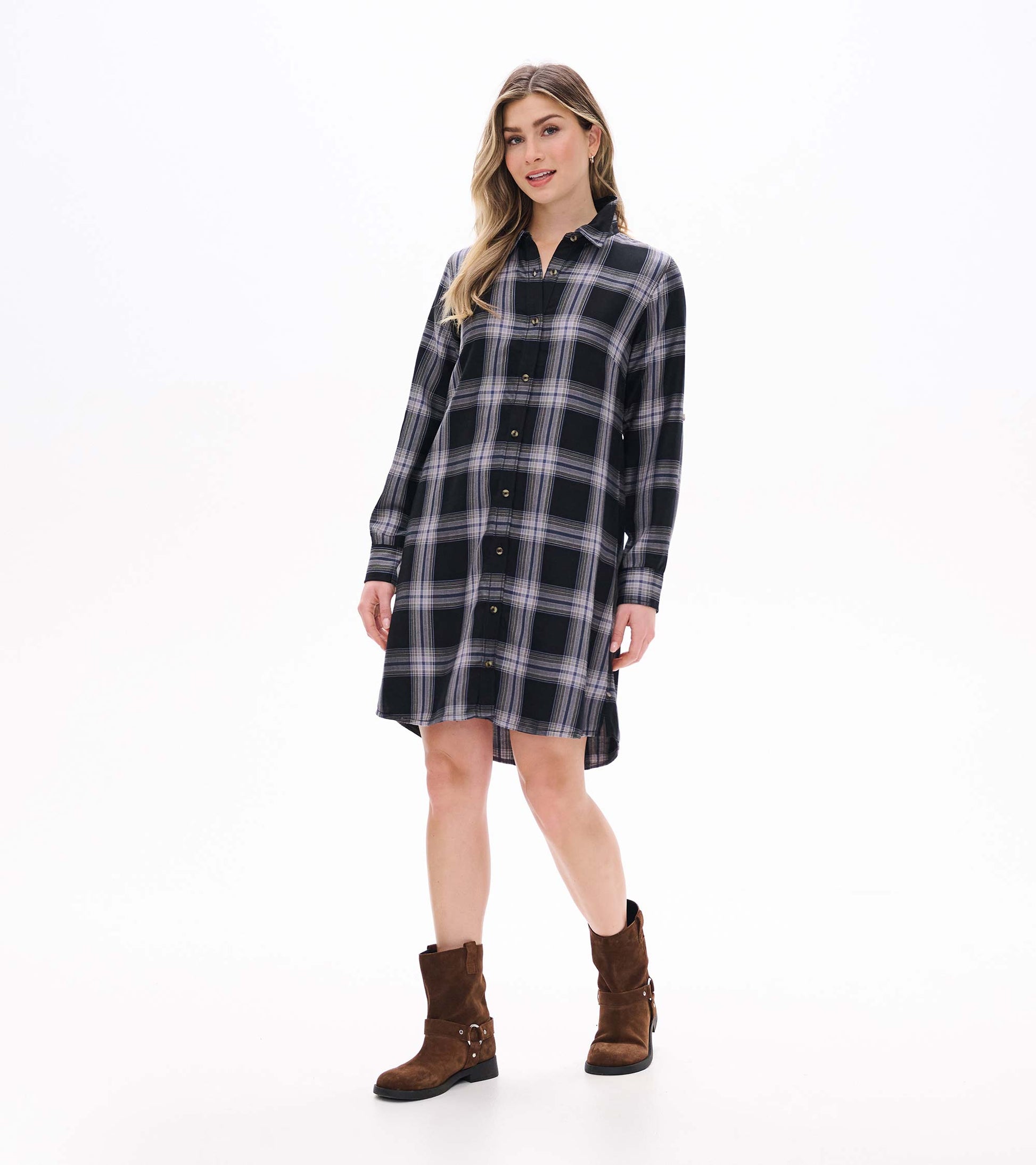 Front view of black and tan plaid shirt dress with long sleeves, collar, and button front