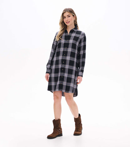 Front view of black and tan plaid shirt dress with long sleeves, collar, and button front