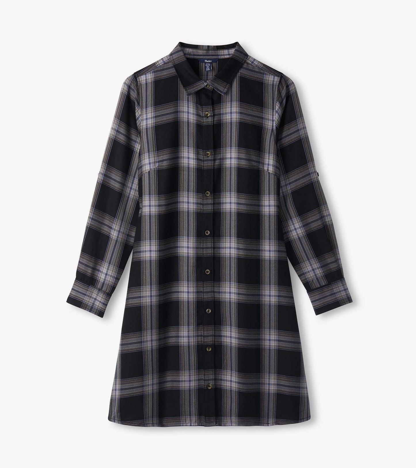 Black and tan plaid shirt dress laid flat with collar, long sleeves, and button-front design