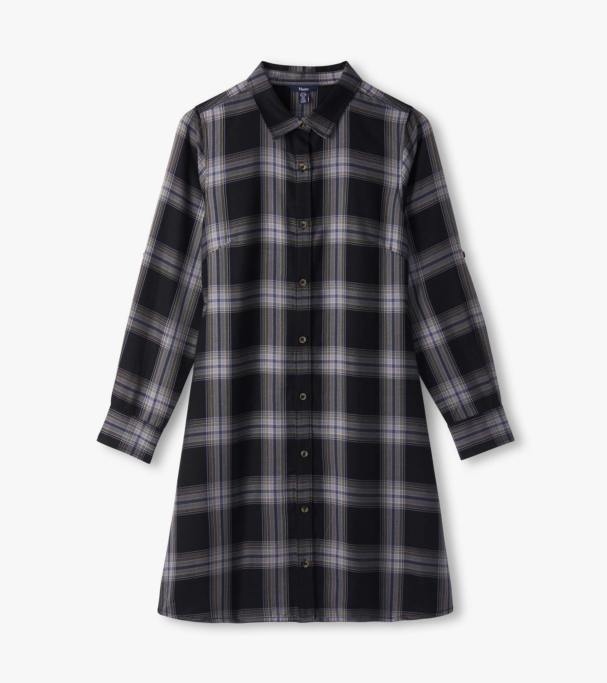 Black and tan plaid shirt dress laid flat with collar, long sleeves, and button-front design
