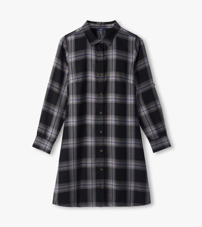 Black and tan plaid shirt dress laid flat with collar, long sleeves, and button-front design