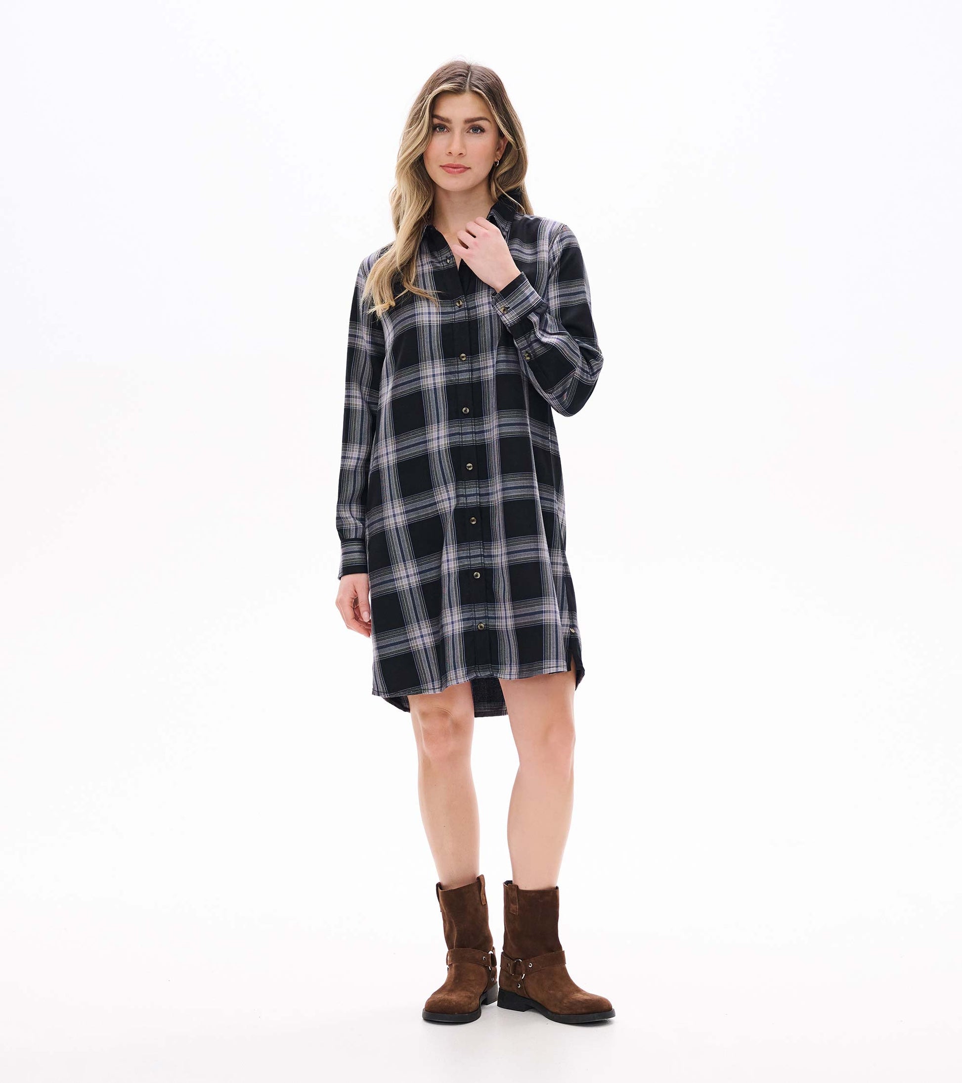 Front view of black and tan plaid shirt dress styled with a collared neckline and curved hem