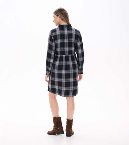 Back view of black and tan plaid shirt dress with long sleeves and gathered waist seam