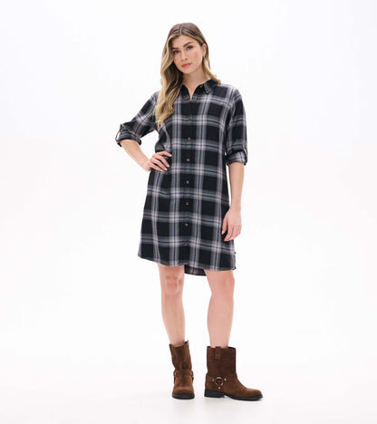 Front view of black and tan plaid shirt dress with collar, button front, rolled sleeves, and knee-length hem