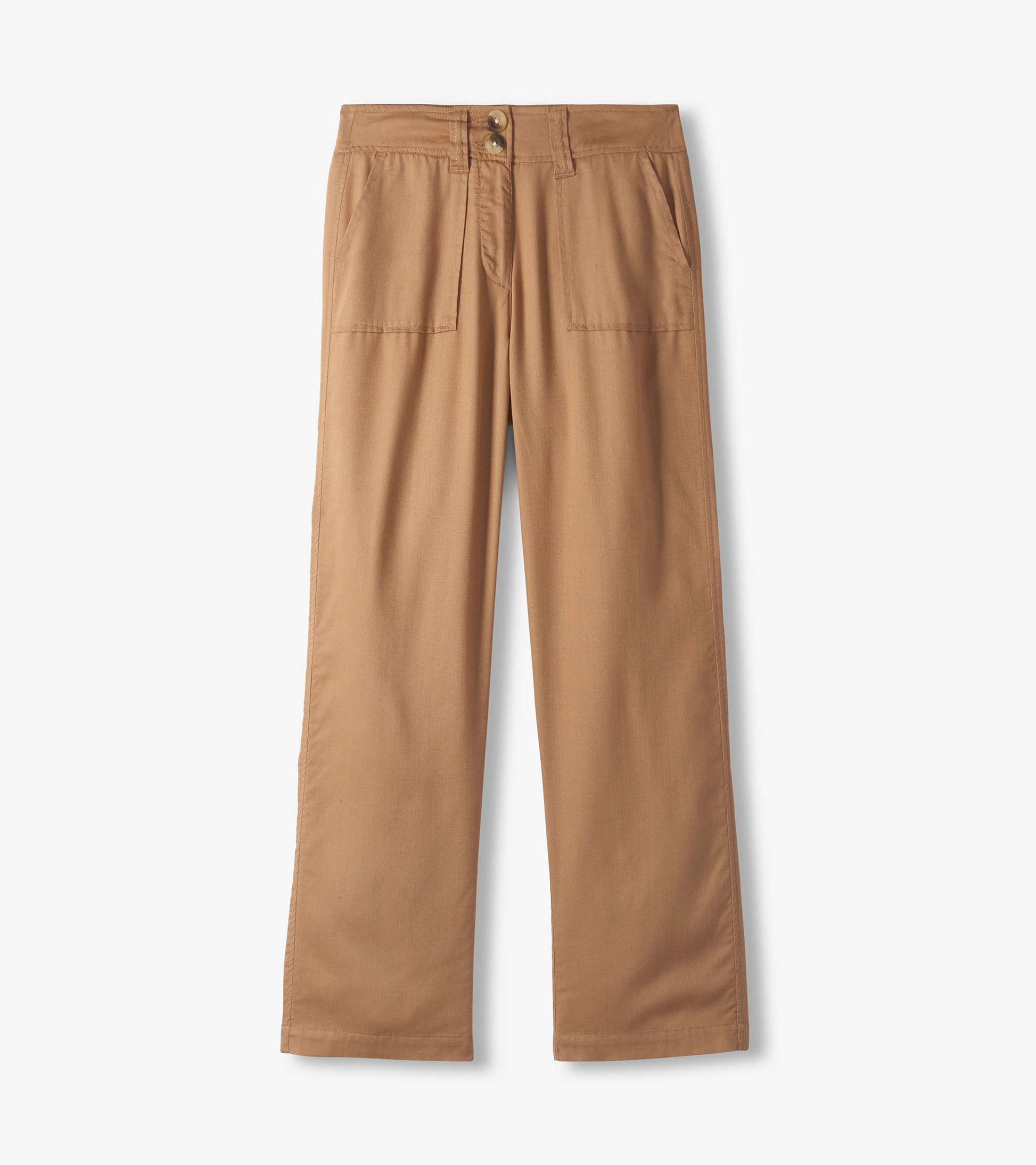 Flat lay of burro wide leg pants with front patch pockets and double-button closure