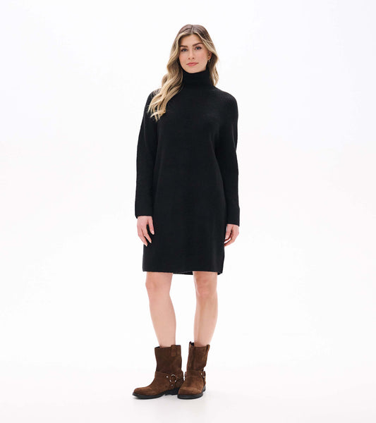 Front view of black sweater dress with high neck, long sleeves, and above-knee length