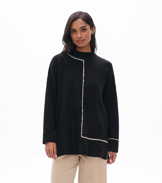 Front view of black tunic sweater with mock neck and off-white geometric stripe detail