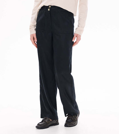 Close front view of black wide-leg pants with two-button waist and large front patch pockets