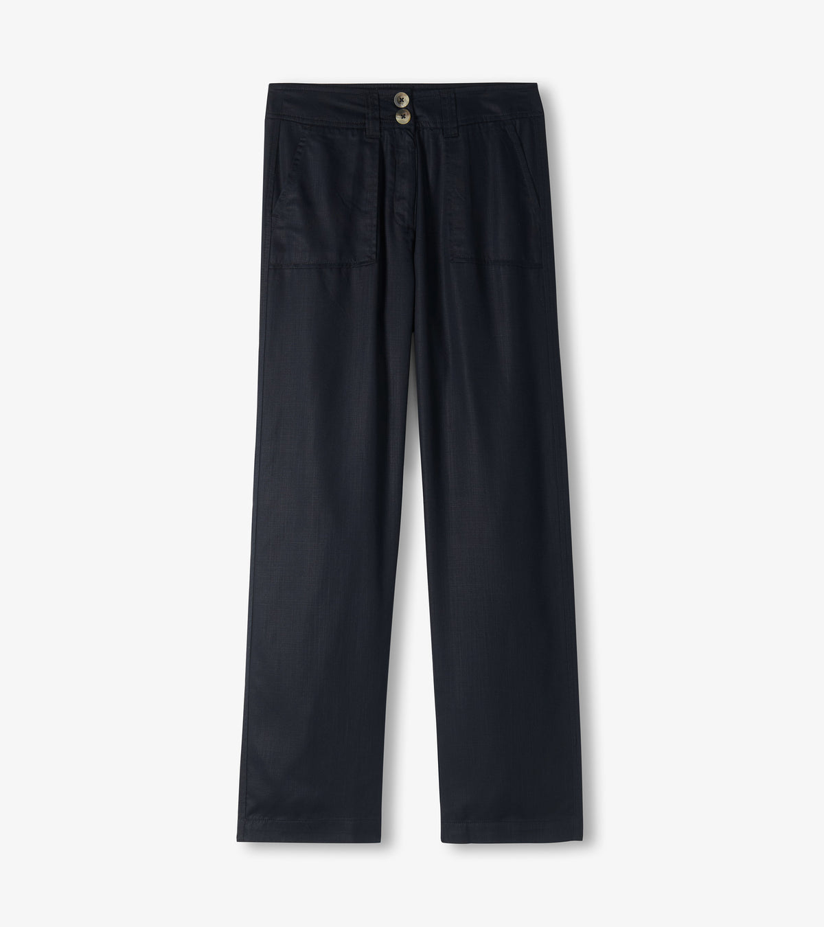 Front flat lay of black wide-leg pants with two-button waistband and front patch pockets
