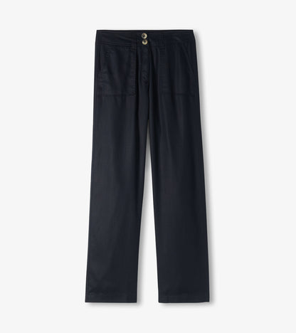 Front flat lay of black wide-leg pants with two-button waistband and front patch pockets