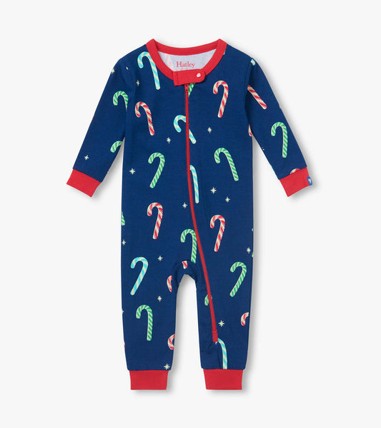 Front view of navy baby sleeper with red trim, red zipper, and multicolor candy cane print
