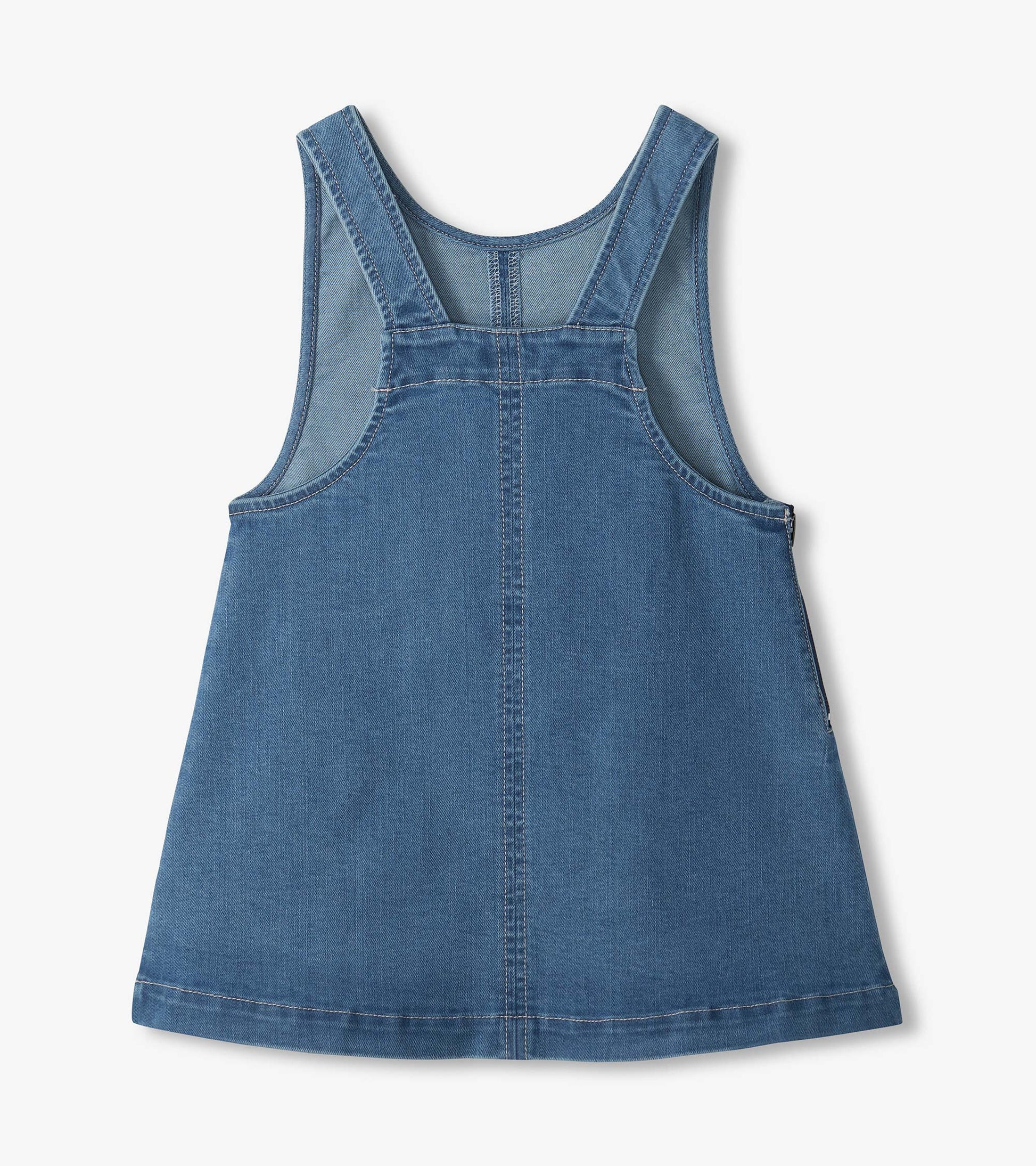 Back view of blue pinafore dress with racerback straps, side zipper, and center seam