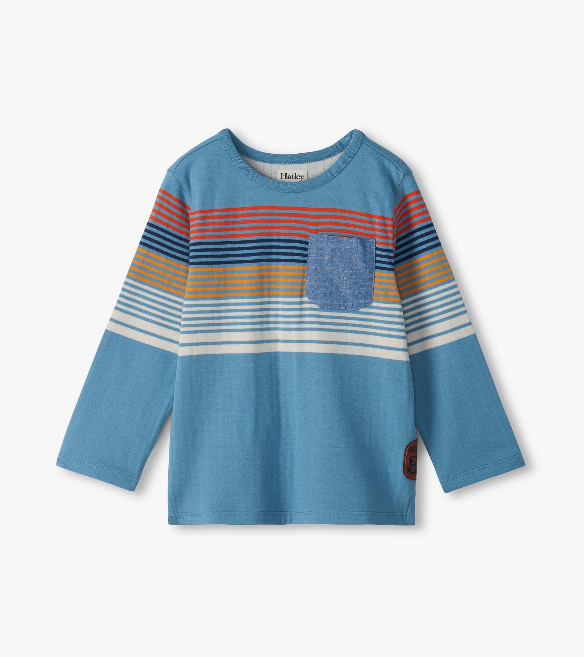 Blue boys long sleeve top with multicolor chest stripes, blue chest pocket, and round neckline