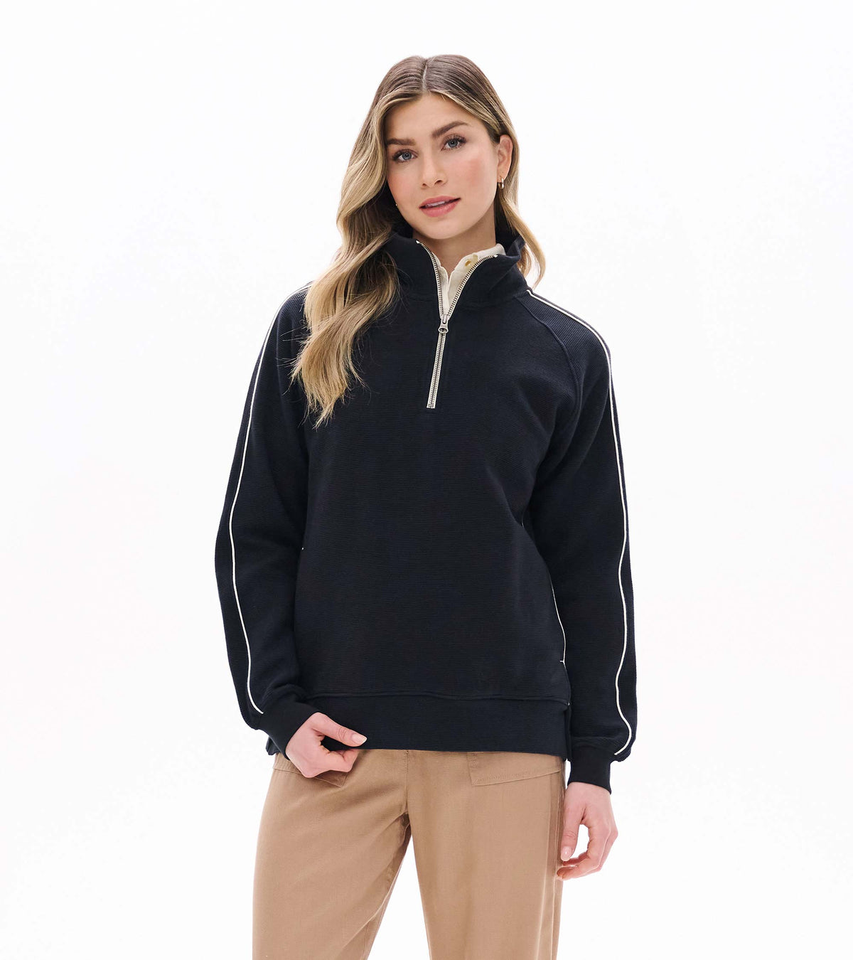 Black 1/4 zip knit top with stand collar and white piping along the sleeves, front view