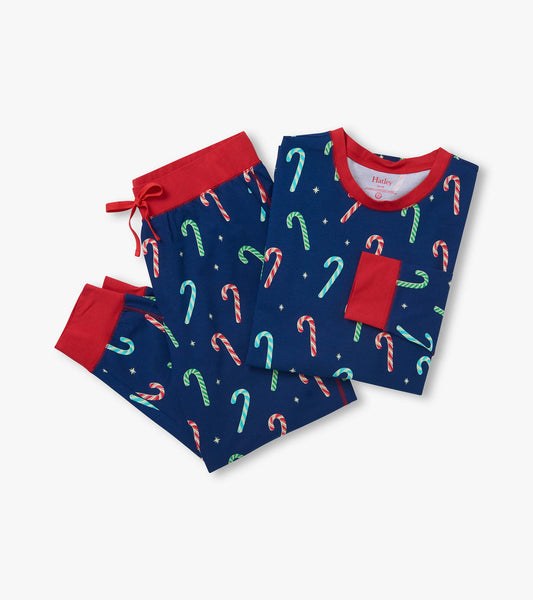 Blue pajama set with multicolor candy cane print, red trim, and red drawstring waistband