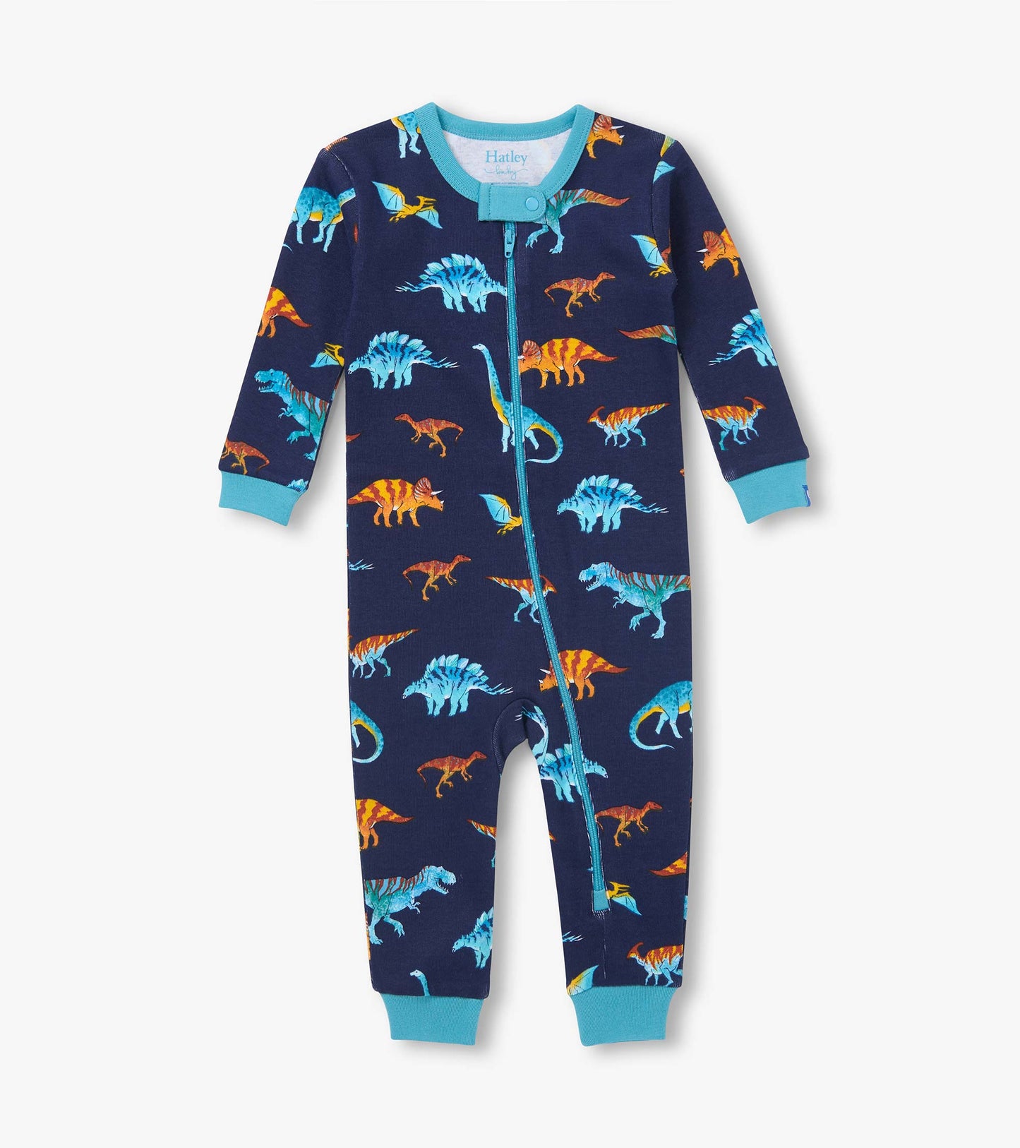 Front view of navy infant coverall with blue and orange dinosaur print, teal trim, and asymmetrical zip closure