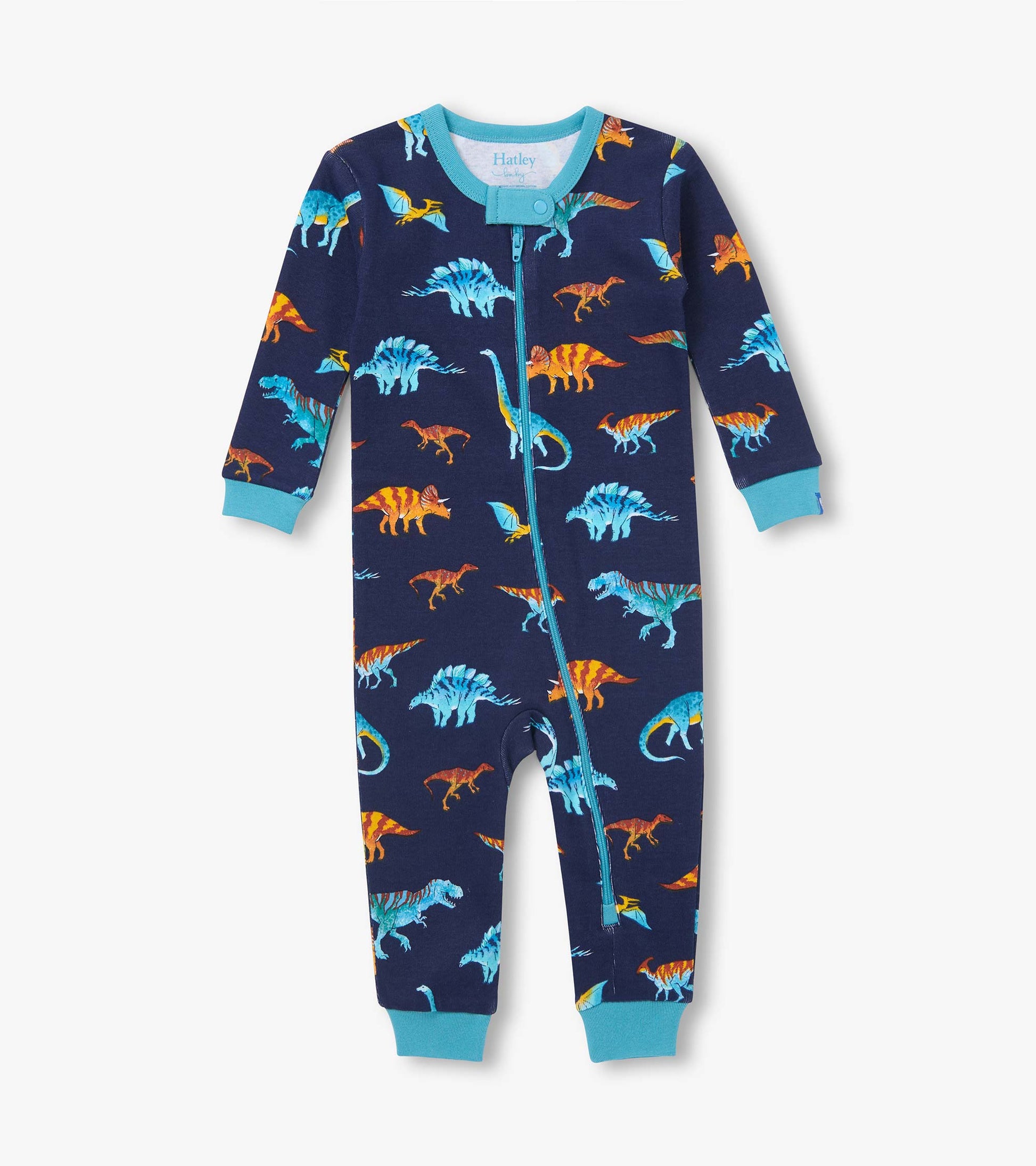 Front view of navy infant coverall with blue and orange dinosaur print, teal trim, and asymmetrical zip closure