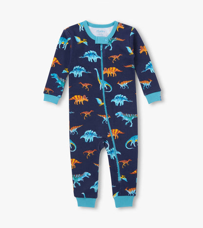 Front view of navy infant coverall with blue and orange dinosaur print, teal trim, and asymmetrical zip closure