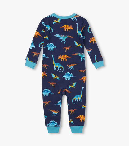 Back view of navy infant coverall with blue and orange dinosaur print and teal cuffs
