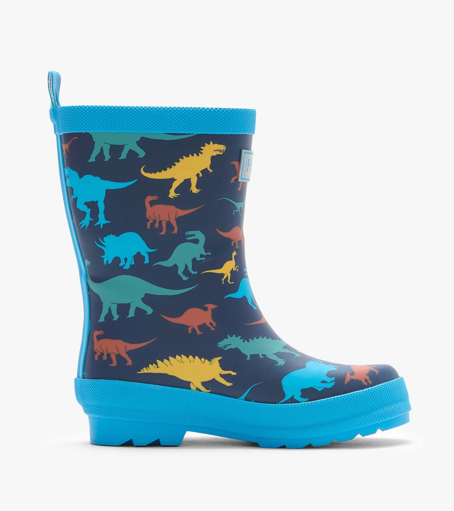 Single navy rain boot with colorful dinosaur print and bright blue trim, side profile