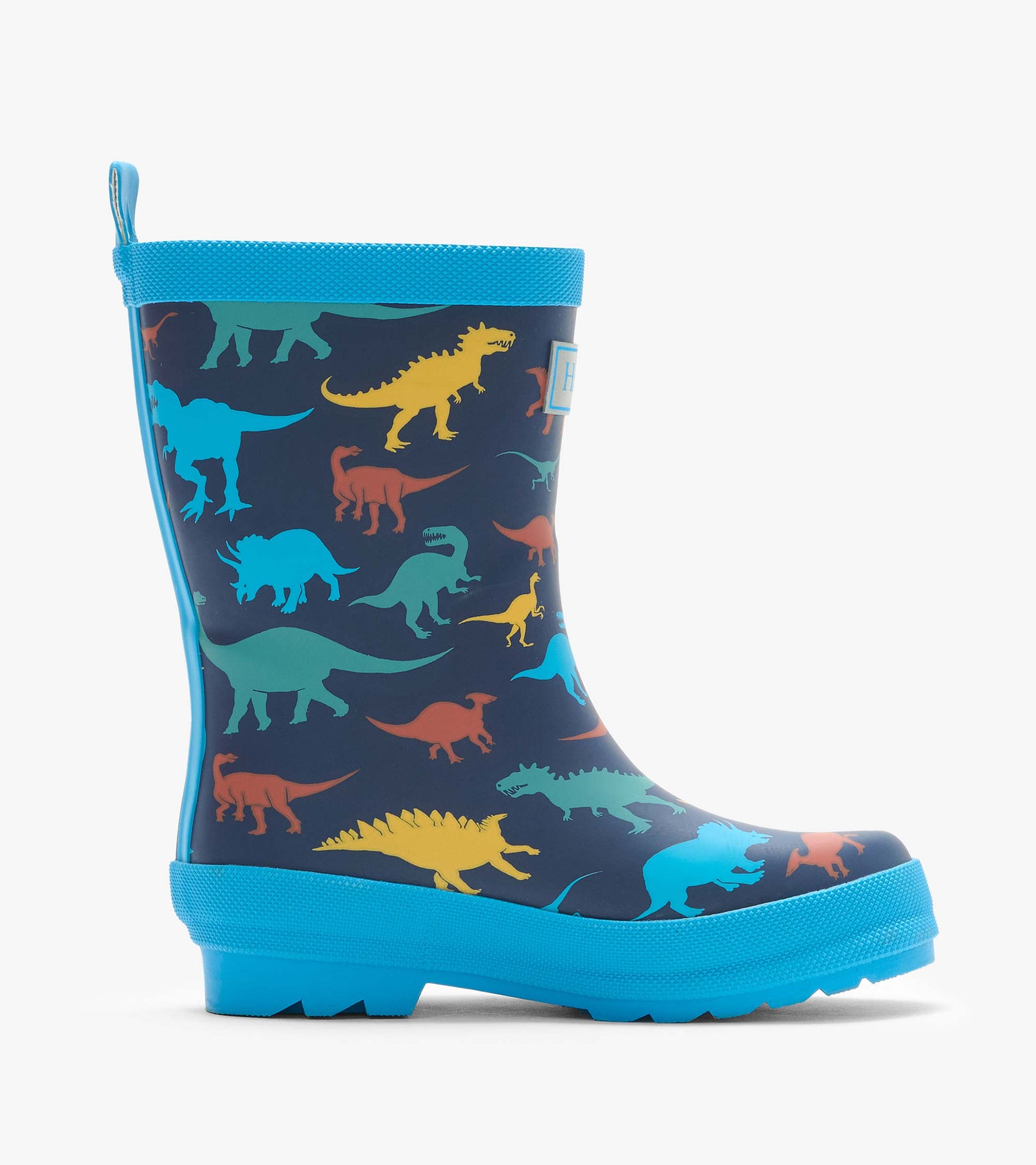 Single navy rain boot with colorful dinosaur print and bright blue trim, side profile