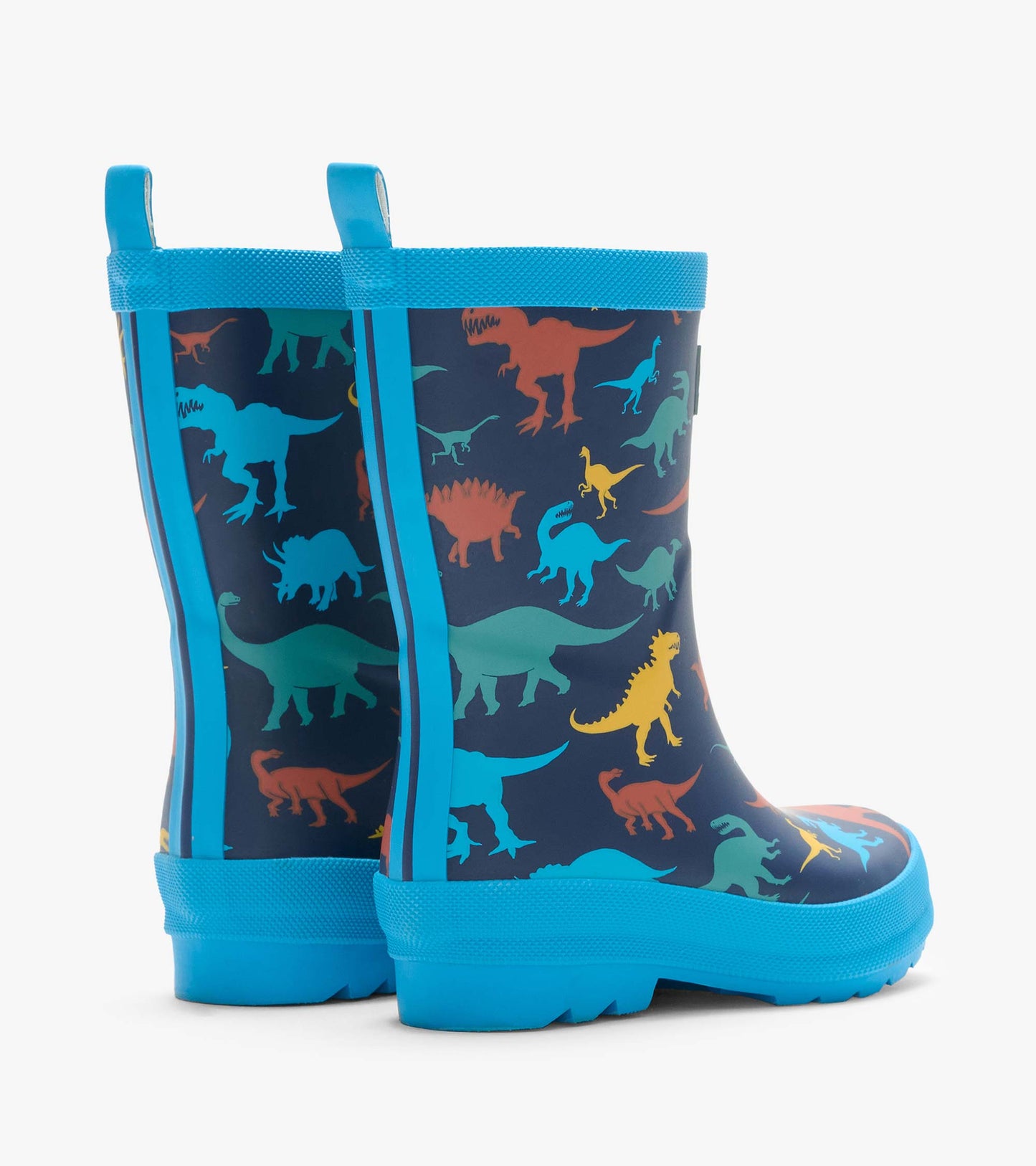 Pair of navy rain boots with colorful dinosaur print and bright blue trim, rear side view