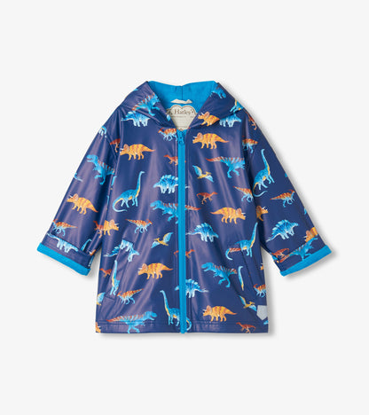 Front view of kids rain coat in navy with blue and orange dinosaur print, hood, zipper, and front pockets