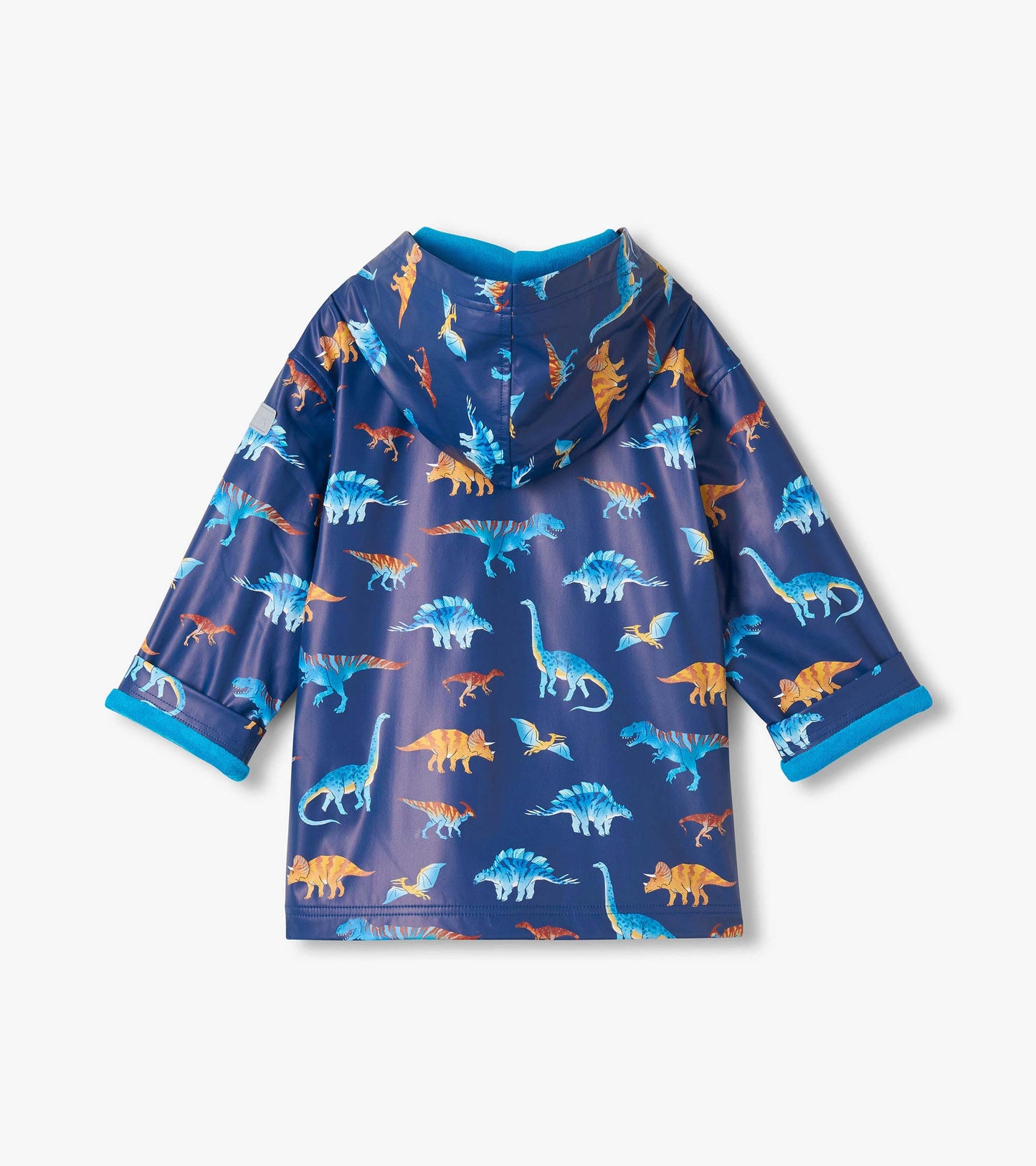 Back view of navy kids rain coat with hood and colorful dinosaur print in blue and orange