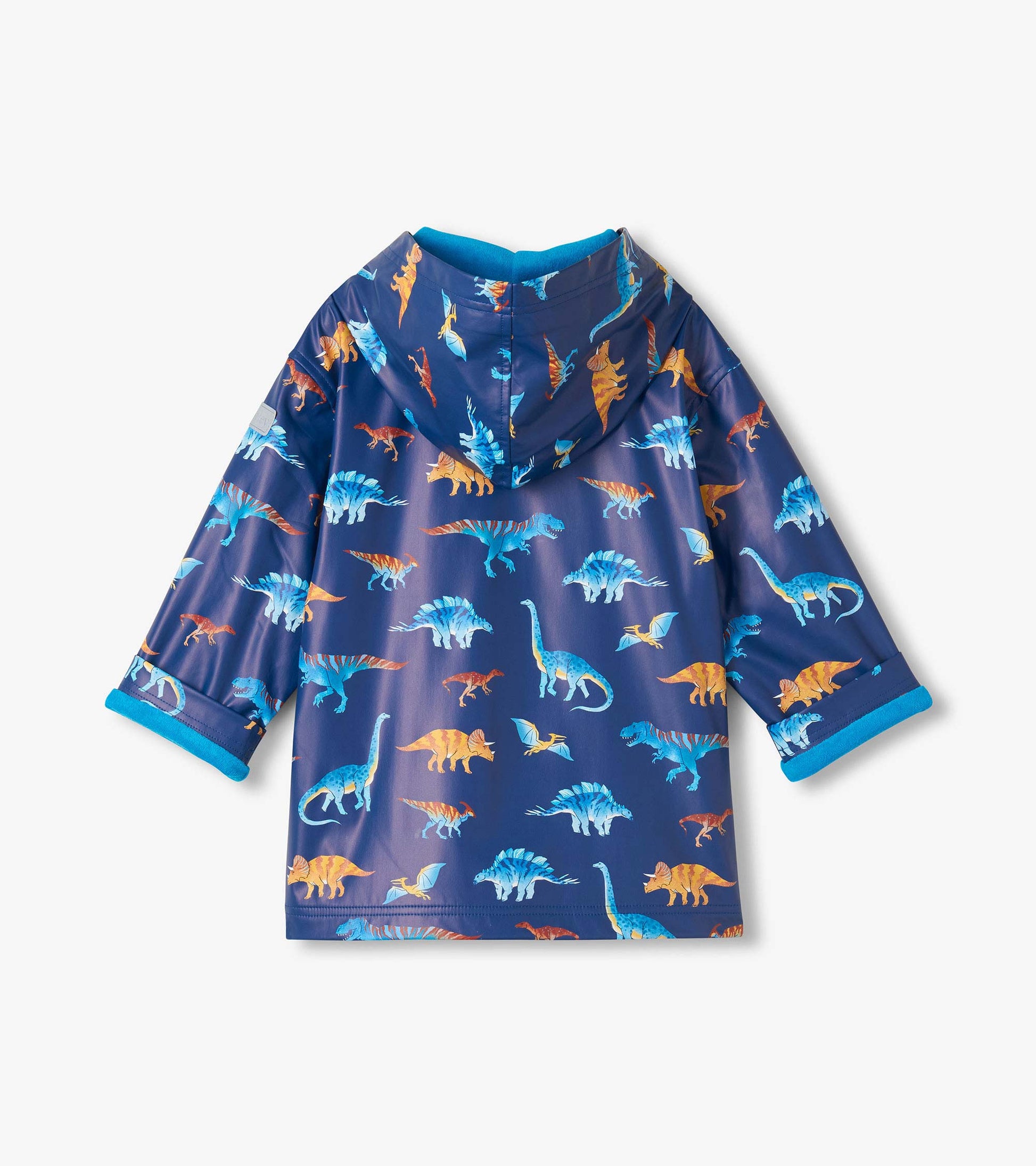 Back view of navy kids rain coat with hood and colorful dinosaur print in blue and orange