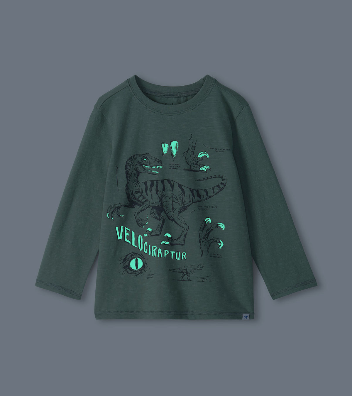 Sage green boys long-sleeve T-shirt with glowing velociraptor graphic details shown in the dark