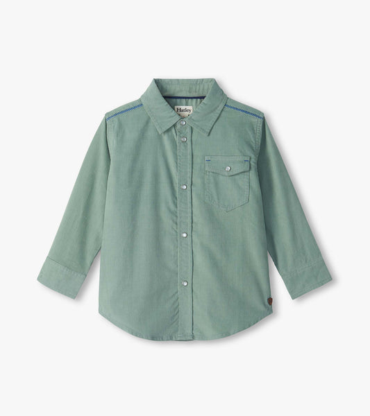 Green long sleeve button-down shirt with collar, snap buttons, and a chest pocket with flap