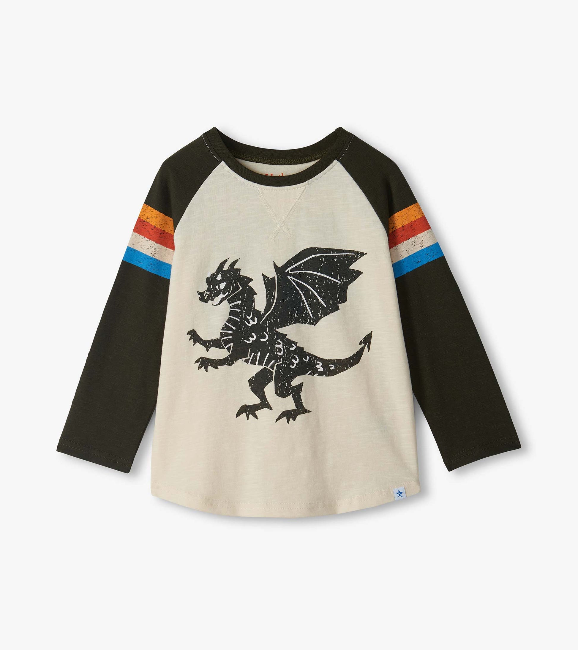 Front view of boys raglan tee with black sleeves, striped upper arms, and large black dragon graphic