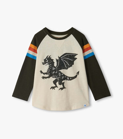 Front view of boys raglan tee with black sleeves, striped upper arms, and large black dragon graphic