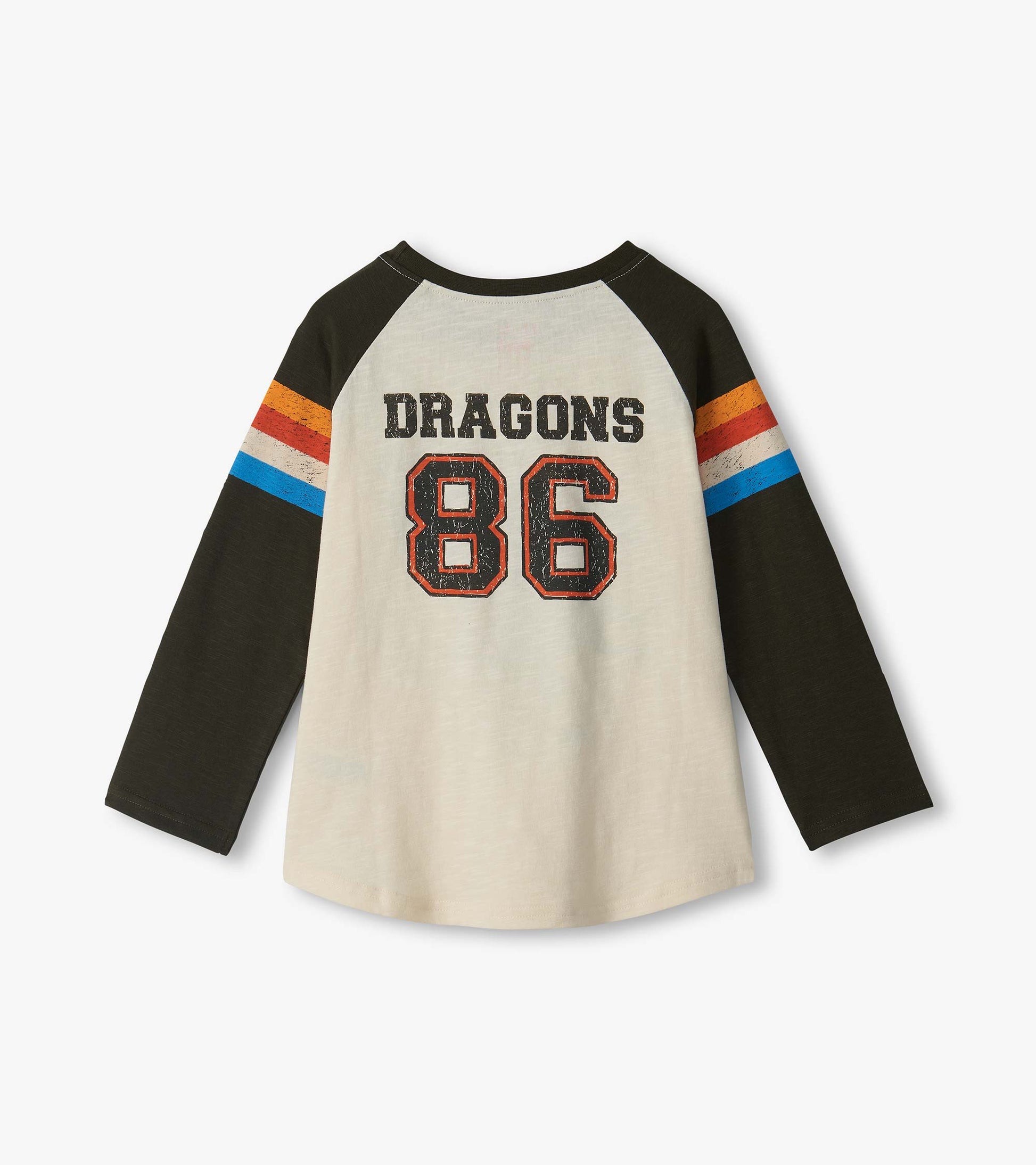 Back view of boys raglan tee with black sleeves, striped upper arms, and Dragons 86 graphic