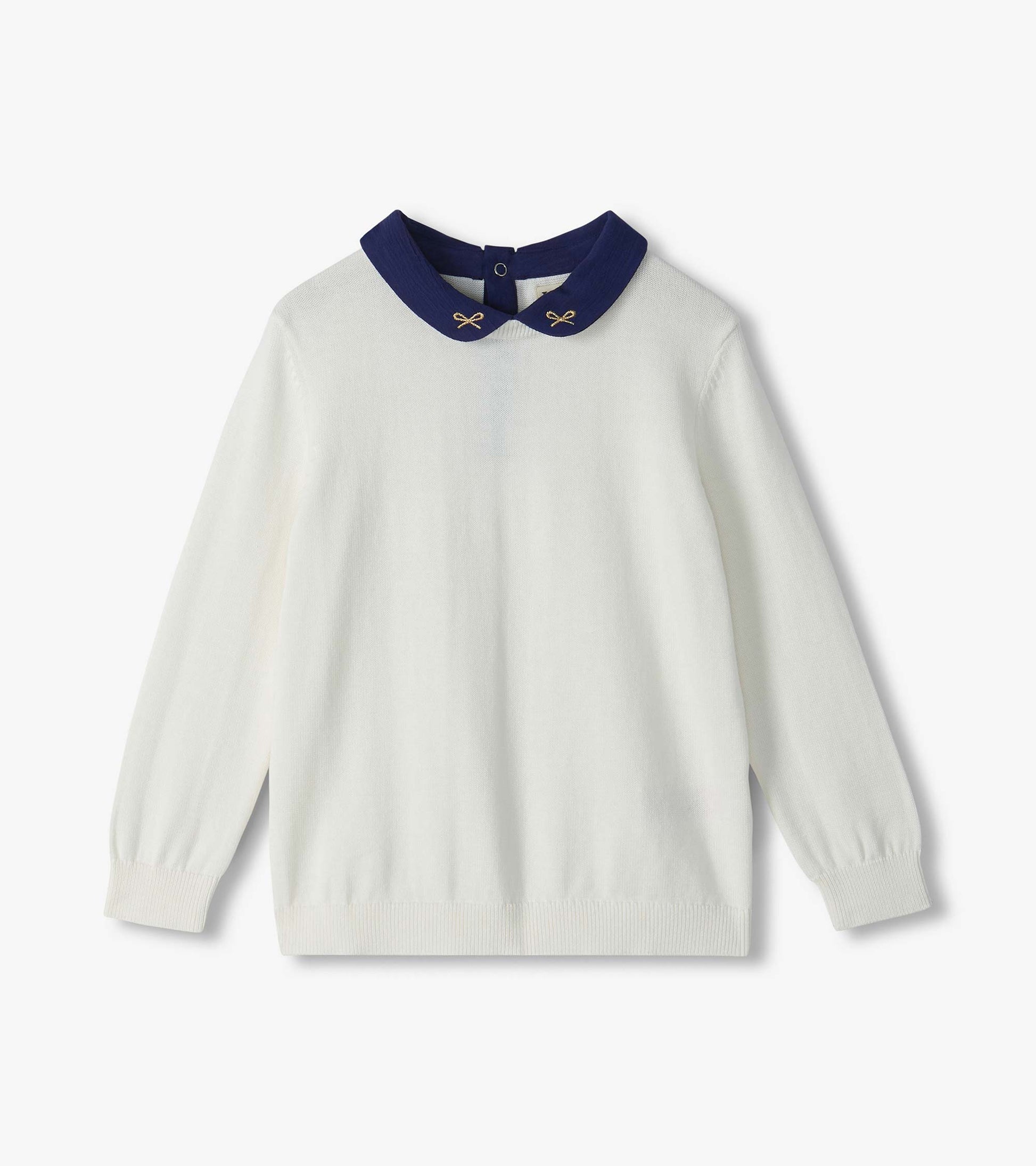 Cream long-sleeve sweater with a navy Peter Pan collar and small embroidered bow details