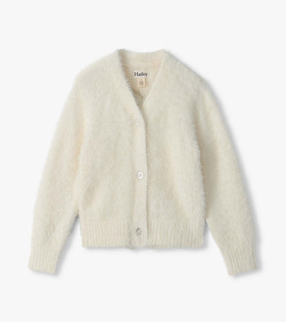 Girls Gold Heart Fuzzy Shrunken Cardigan