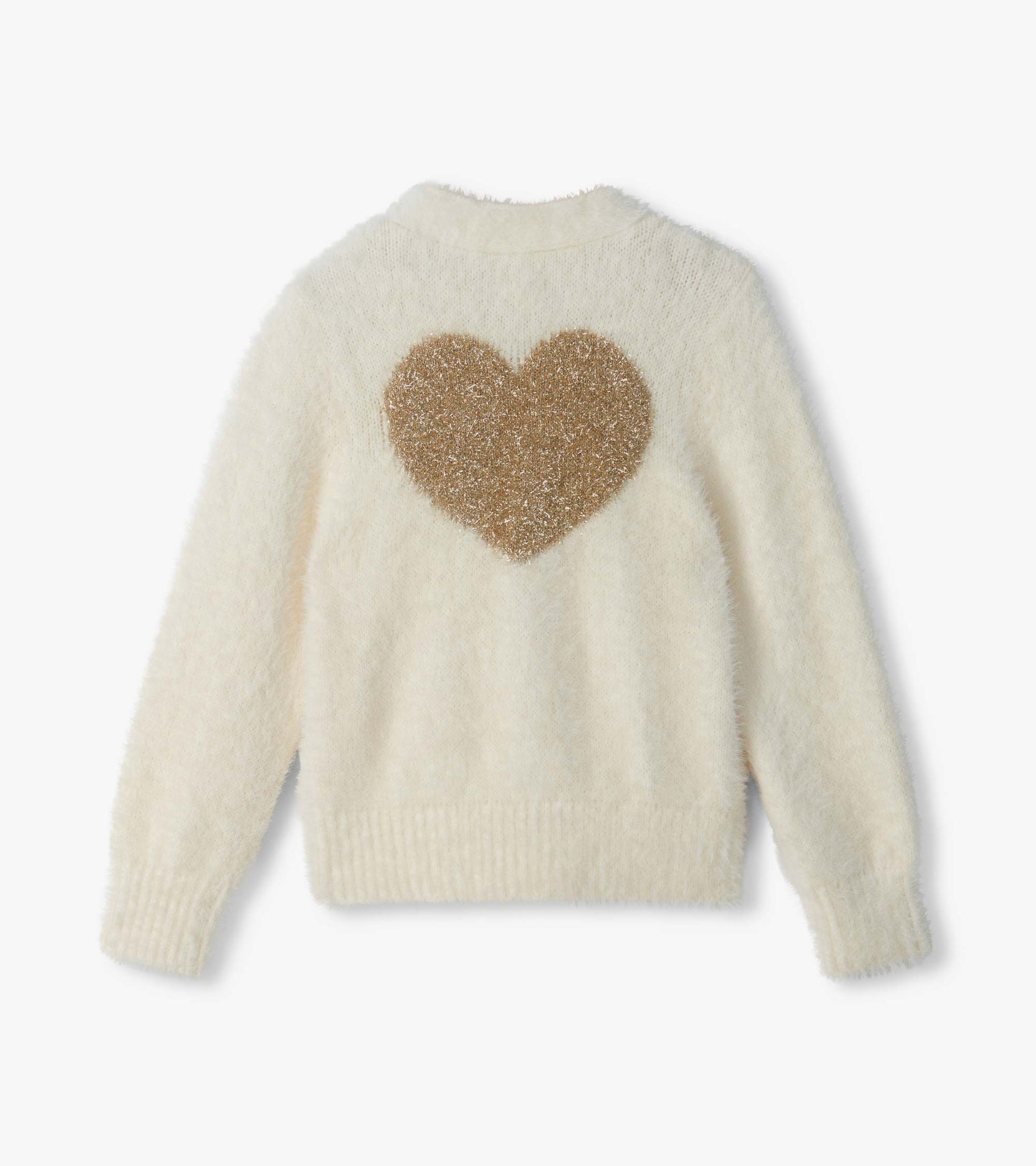 Girls Gold Heart Fuzzy Shrunken Cardigan