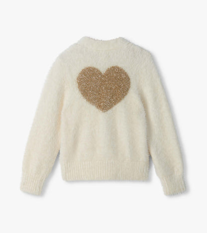 Girls Gold Heart Fuzzy Shrunken Cardigan