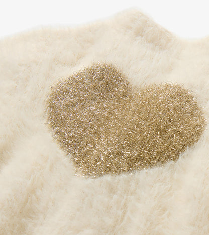 Girls Gold Heart Fuzzy Shrunken Cardigan